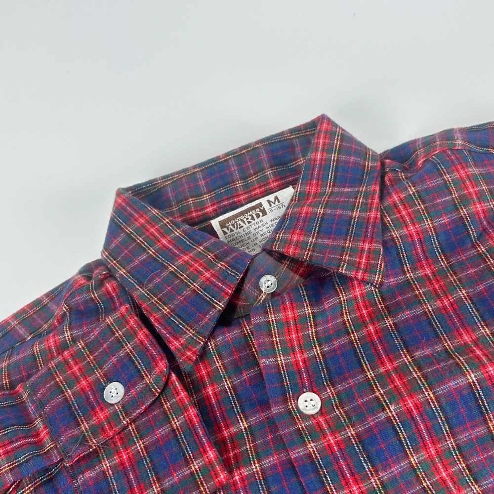 VTG Montgomery Ward Mens M Blue Plaid Flannel Shirt Cotton Double Pocket Work